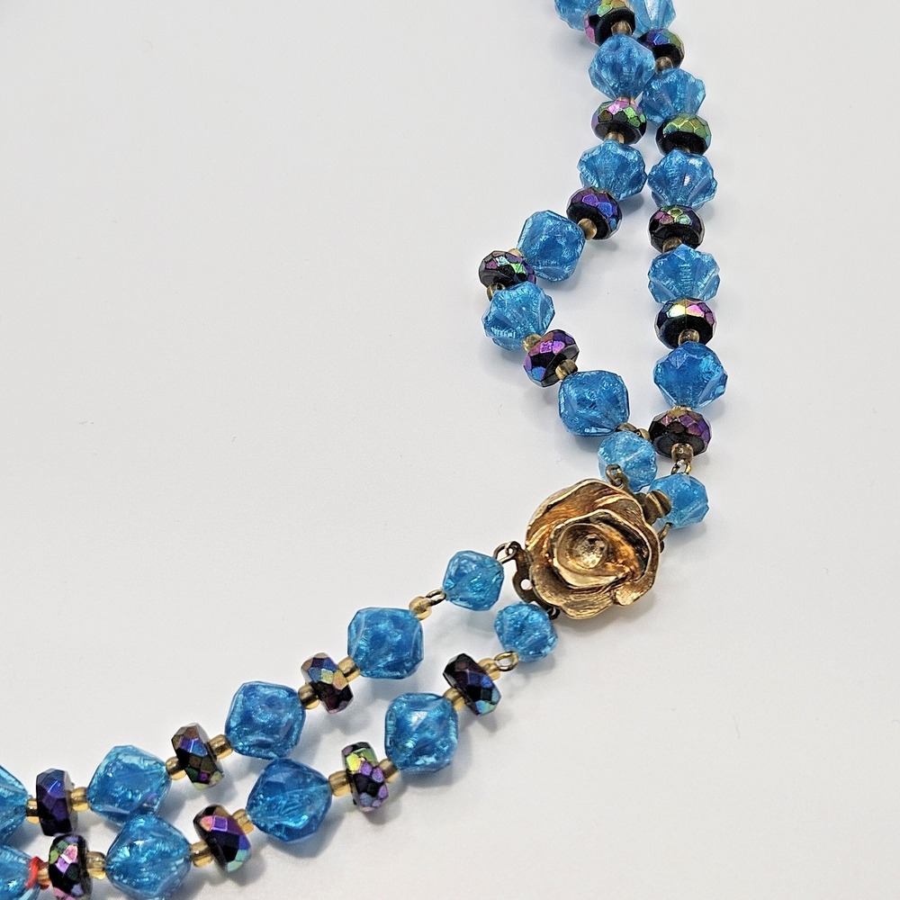 Vintage Acrylic Blue AB Beaded Necklace Flower Clasp Multi Strand 20 - 21"